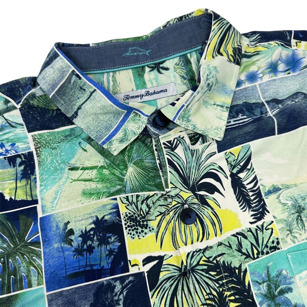 TOMMY BAHAMA Men's‎ 100% Silk Hawaiian Shirt Tropical Paradise Postcard Size XL